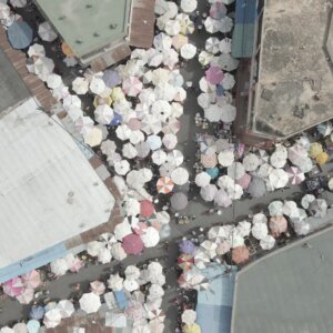 Lome Market Busy Intersection Top Down View Pan Full