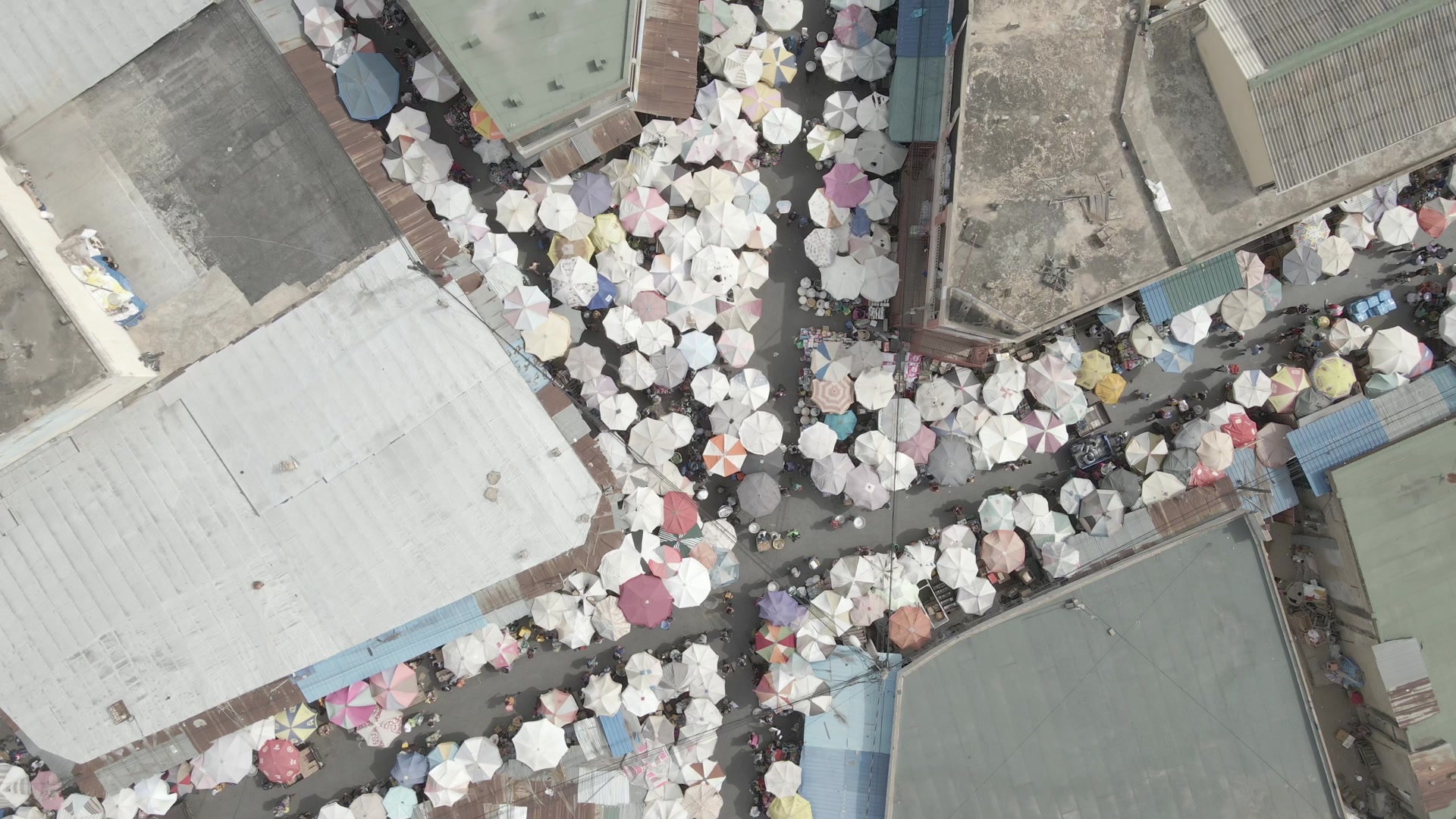 Lome Market Busy Intersection Top Down View Pan Full